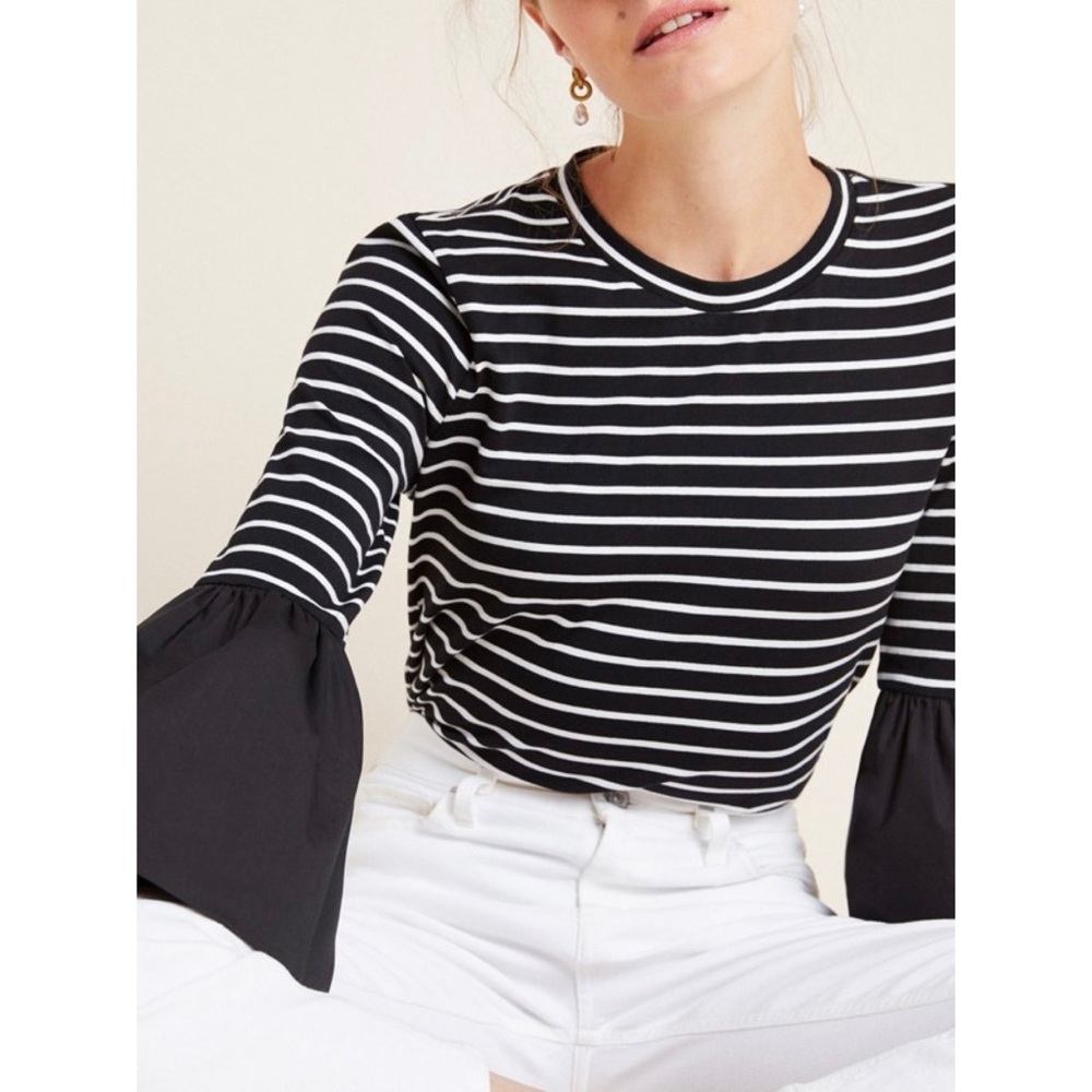 Anthropologie “Adele” black/white striped bell sleeve blouse (small)